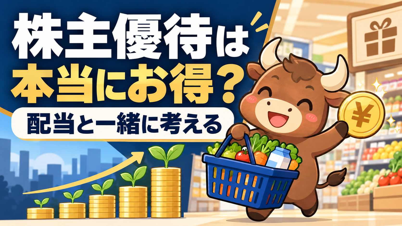 買い物かごを持つ牛のイラストと、株主優待と配当を考える記事のタイトル